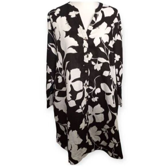 CYNTHIA ROWLEY BLACK & WHITE FLORAL LINEN TENT DRESS W/POCKETS SZ.L EUC. - Picture 2 of 8